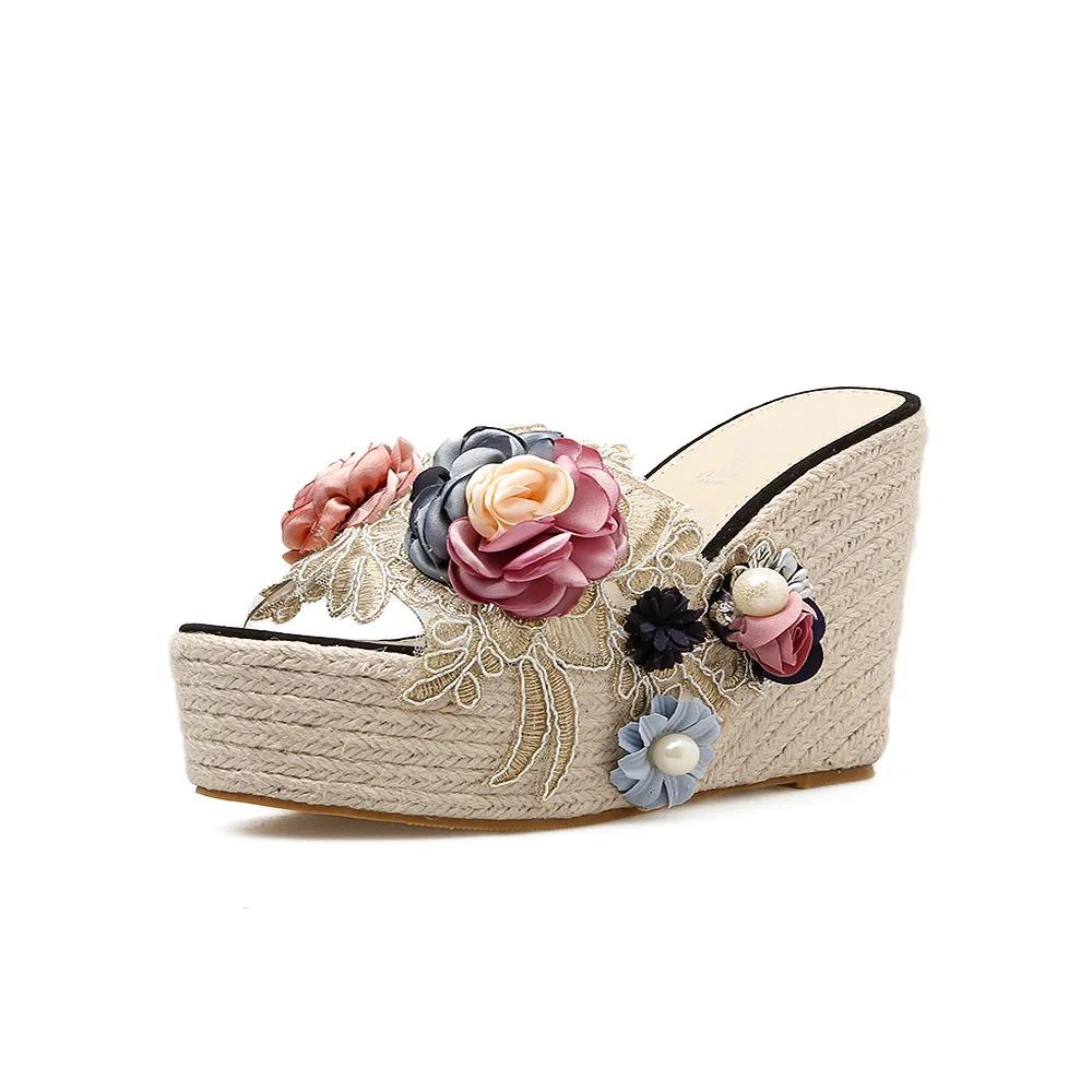 Fashion Sexy Peep Toe Platform Wedge Sandals Flower Pearl Mesh Hemp Rope Woven Thick Bottom High-heeled Slippers Women Roman Shoes
