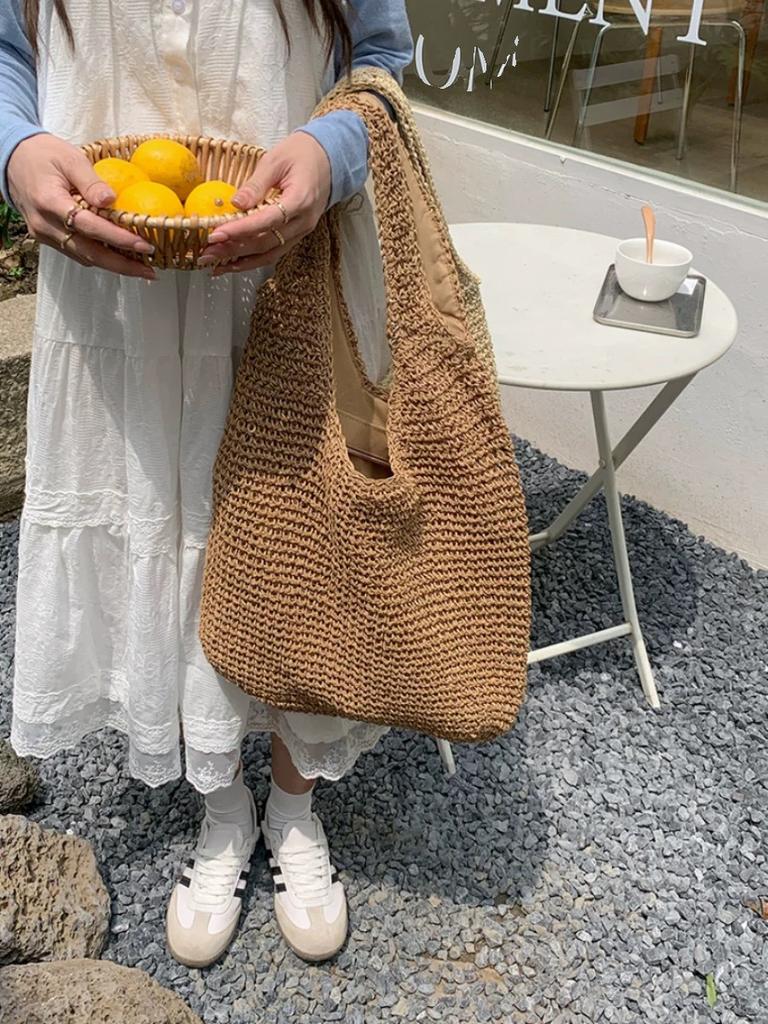 Summer Vacation Style Straw Bag Shoulder Bag Tote Bag Large Capacity Casual Portable Woven Bag