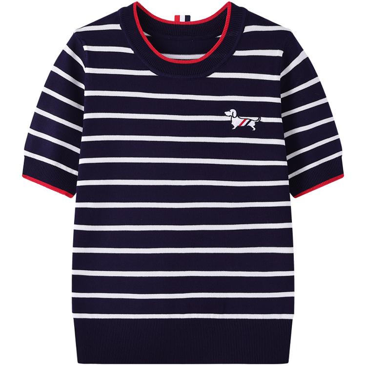Summer Autumn Women Embroidery Dog Knitted Striped Sweater Pullover Jumper Tops