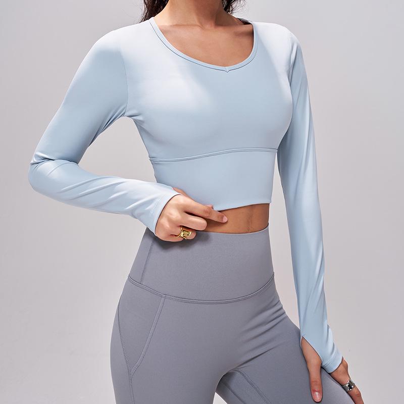 Women's Cross-border Long Sleeve Yoga Top with Fixed Cups and Hollow Back Design
