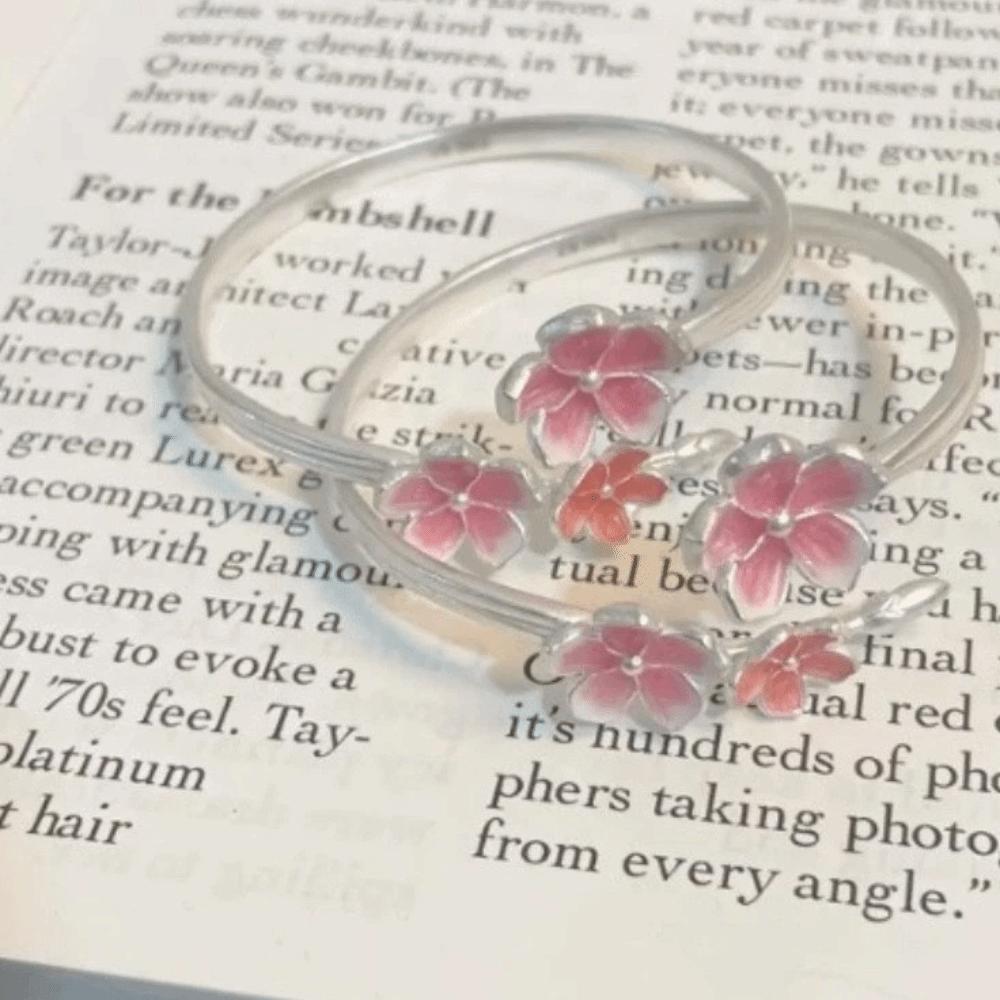 Sweet Pink Open Adjustable Ring Drop Oil Design Flower Bracelet Unique Cherry Blossom Ring Gift