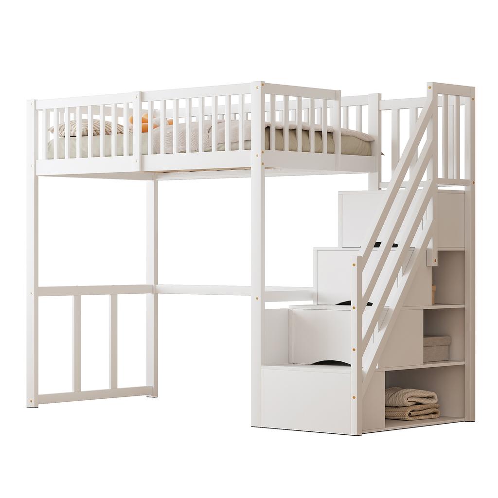 Letto a soppalco 90x200 con scala di sicurezza e contenitore, struttura del letto in legno massello di pino per bambini e adolescenti, bianco