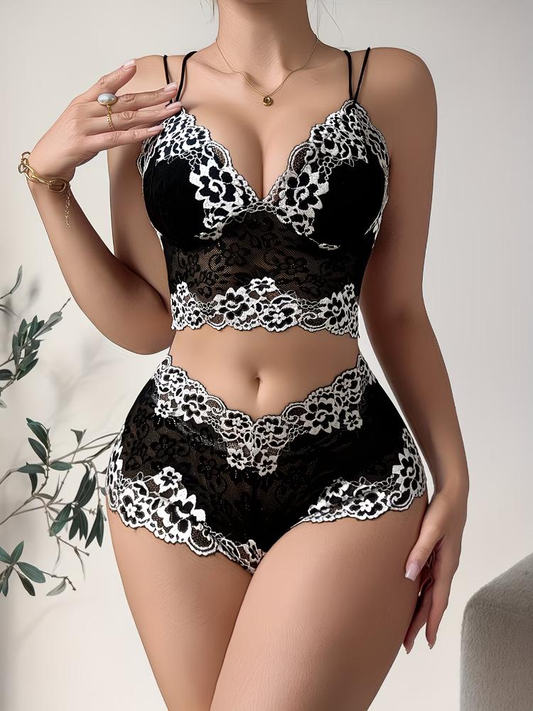 Two-tone Floral Lace Bra Set, V-neck Body-hugging Hallow-out Camisole Top and Panties, Women's Daily Comfortable Lingerie