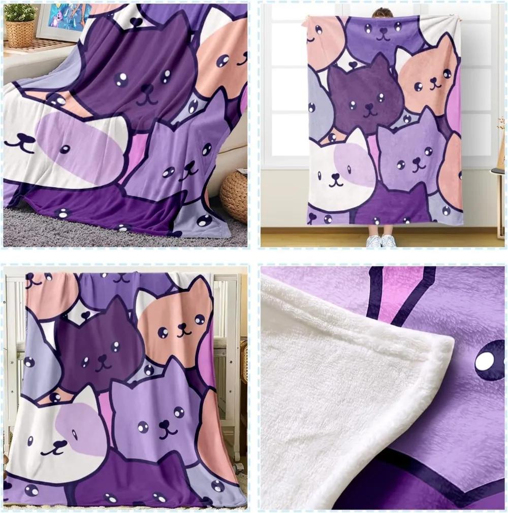 Cute Cat Print Throw Blanket – Purple for Girls, Women, Kids, Soft for Bed, Couch, Living Room, All-Season Use