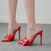 Sexy Silk Pointed Rhinestone Butterfly-knot Thin High Heel Sandals for WOmen PVC Band Ankle Buckle Banquet Wedding Shoes