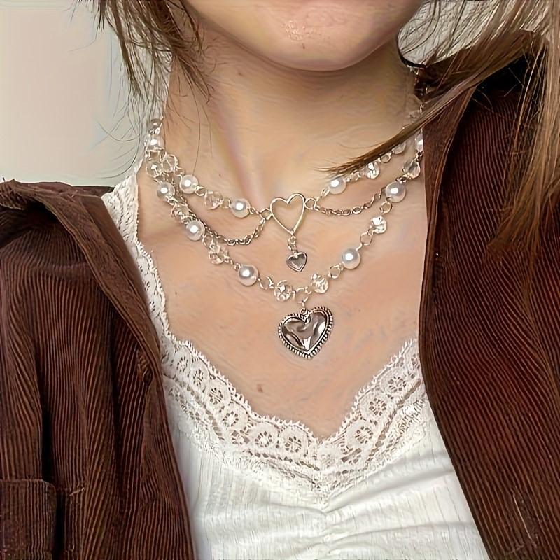 Multi-Layer Faux Pearl Love Heart Pendant Necklace for Women New Fashion Y2K Choker Party Jewelry Occasions
