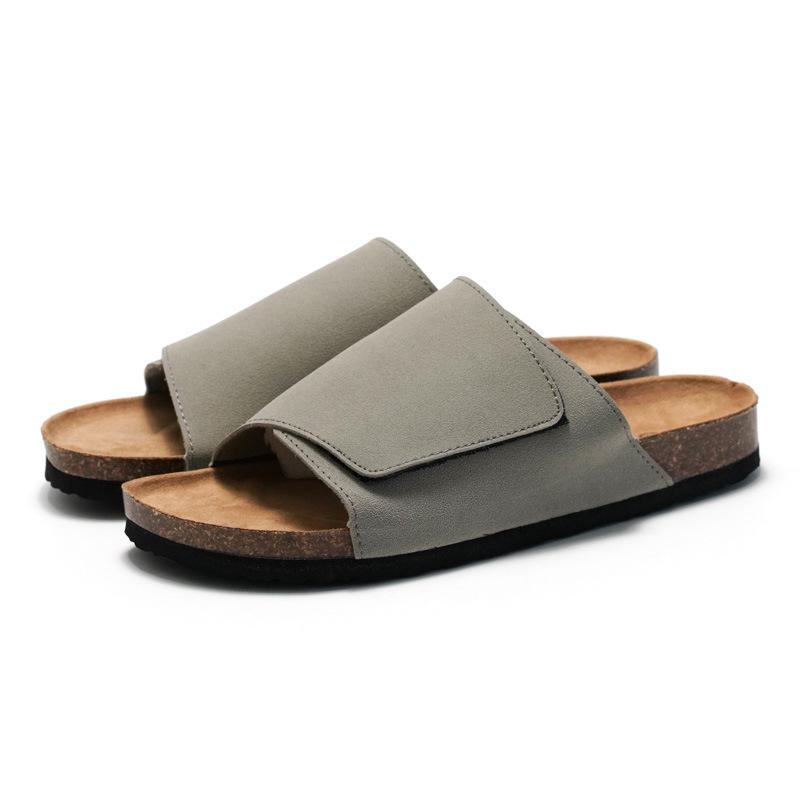 Ruizu Men's Cork Slippers: Trendy Frosted Leather Flip Flops for Beach or Casual Wear.