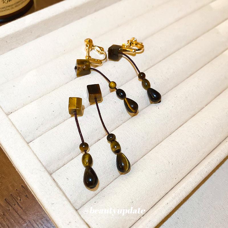 Medieval Style Tiger Eye Stone Square Pendant Earrings