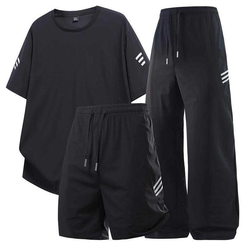 Quick-Dry Ice Silk Men's Plus Size Sportswear Set - Summer Thin, Versatile Three-Piece for Fitness & Basketball.