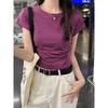 Cotton-containing Short-sleeved T-shirt New Design with Waist-hugging Slimming and Pleated Backless Short Top Solid Color Hot Girl Round Neck T-shirt