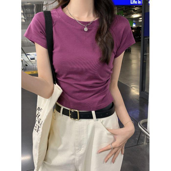 Cotton-containing Short-sleeved T-shirt New Design with Waist-hugging Slimming and Pleated Backless Short Top Solid Color Hot Girl Round Neck T-shirt