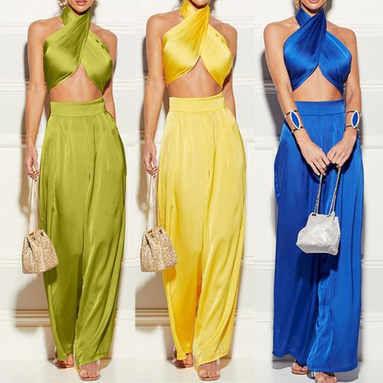 

Женский наряд, однотонный свободный летний топ без рукавов, брюки с высокой талией, комплект для свиданий