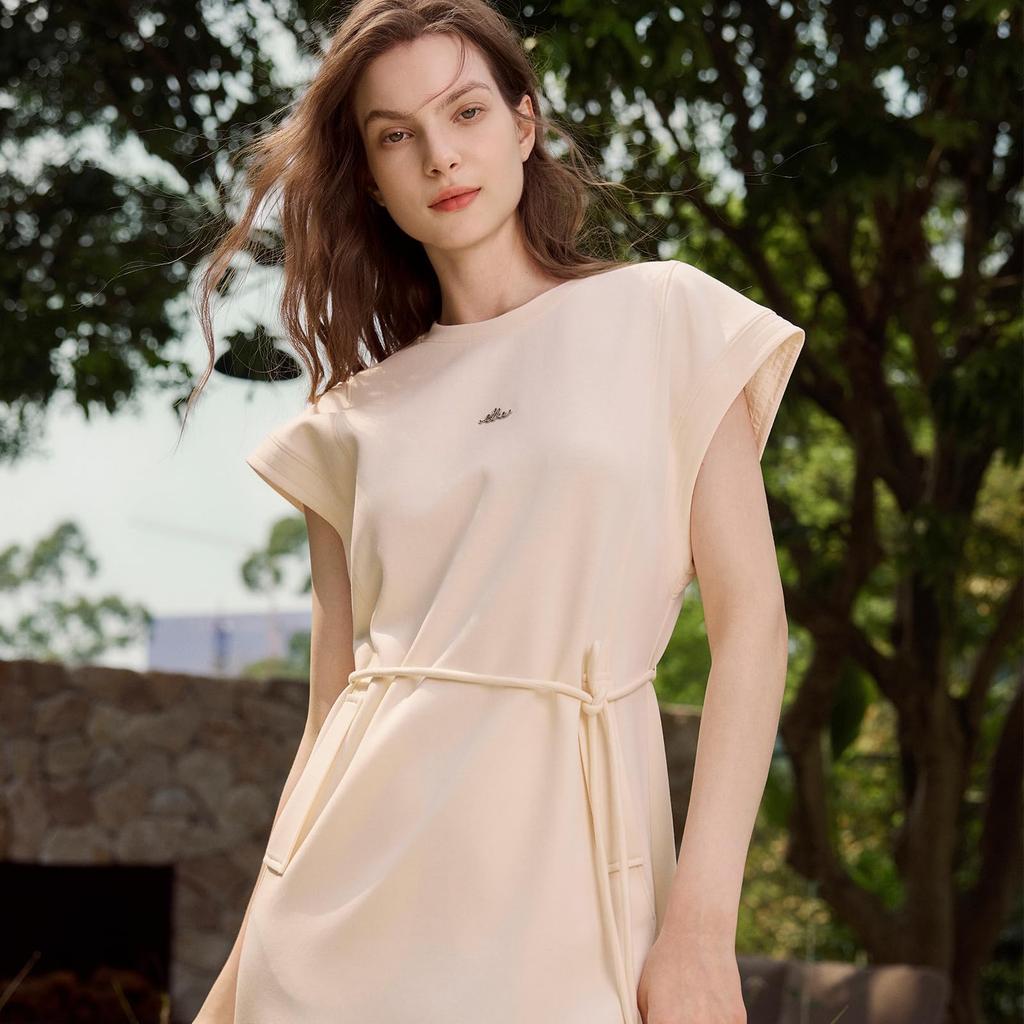 Elle French Sleeve Cut and Sew Dress with Matching Belt and Cotton Light Light Suitable for Sizes L [ELLE] Women's Pockets, Blend, Stretch, Gray,