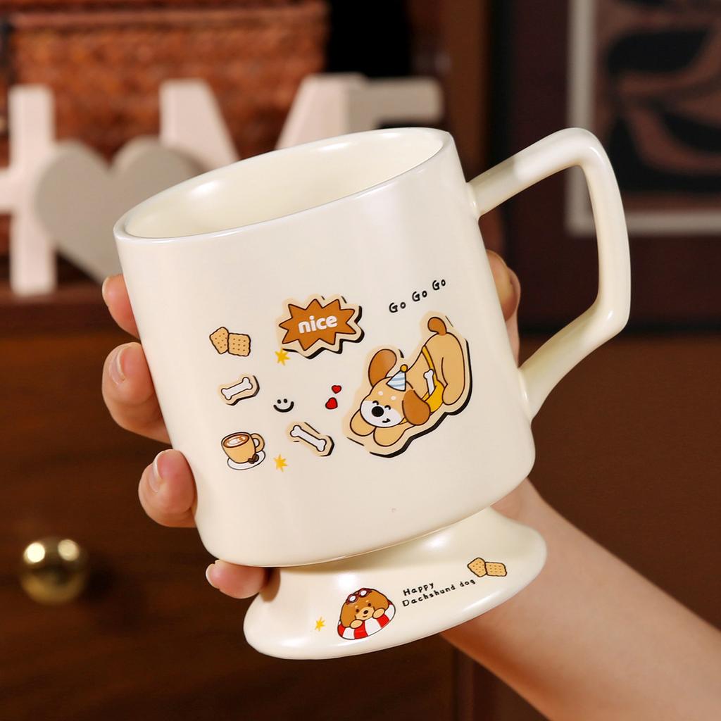 Dackel Keramik Wasserbecher Süße Tasse mit Deckel und Löffel Kreativer Jungenstil Kinder Frühstückstasse Große Kapazität