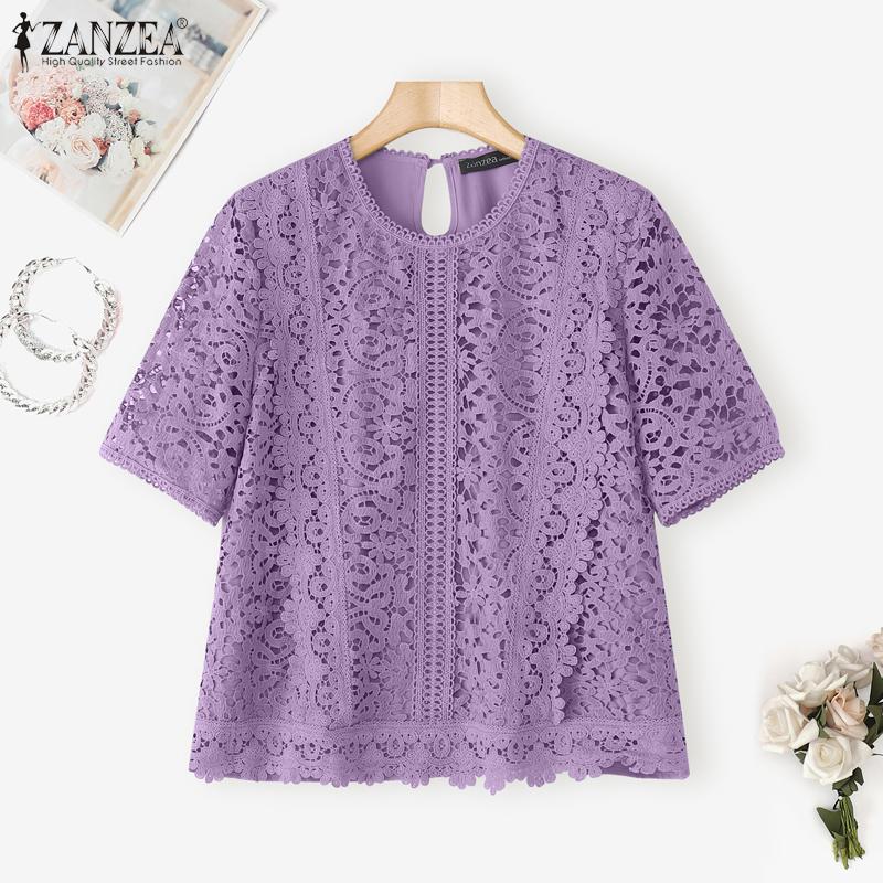 

ZANZEA Women Casual Round Neck Short Sleeve Embroidery Lace Patchwork Blouse S зелений