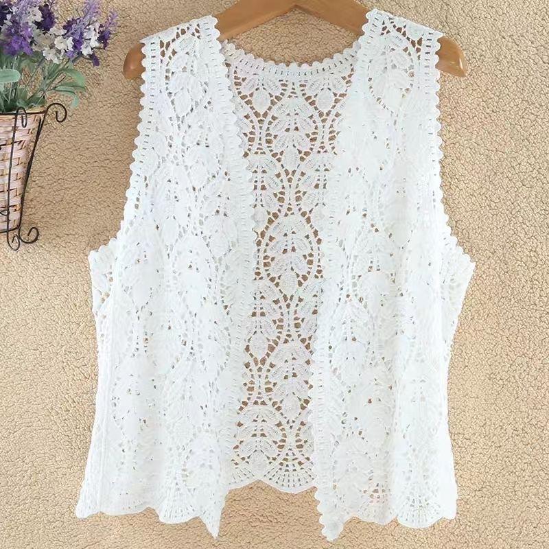 

Женский свободный вязаный крючком жилет, летний новый жилет Fat MM, полый внешний кардиган Tide One size белый