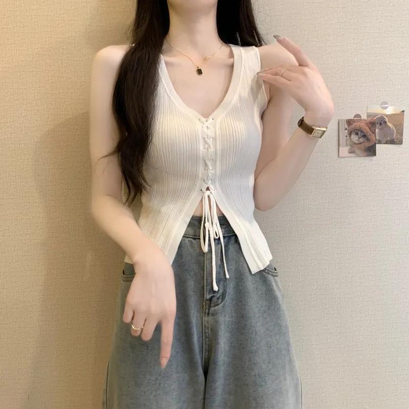 

Women s V Neck Ribbed Knit Tops Sleeveless Drawstring Slim Fit Casual Tops Onesize білий