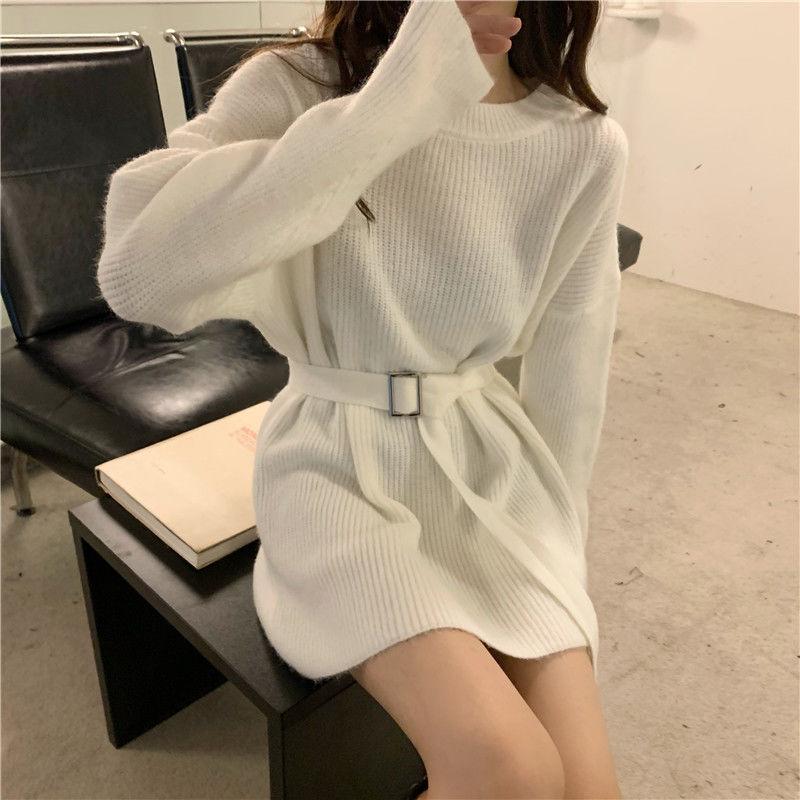 Women's Knit Dress Autumn Winter Simple Midi Sweater Dress Slim Fit Pullover Sweater Dress with Belt
