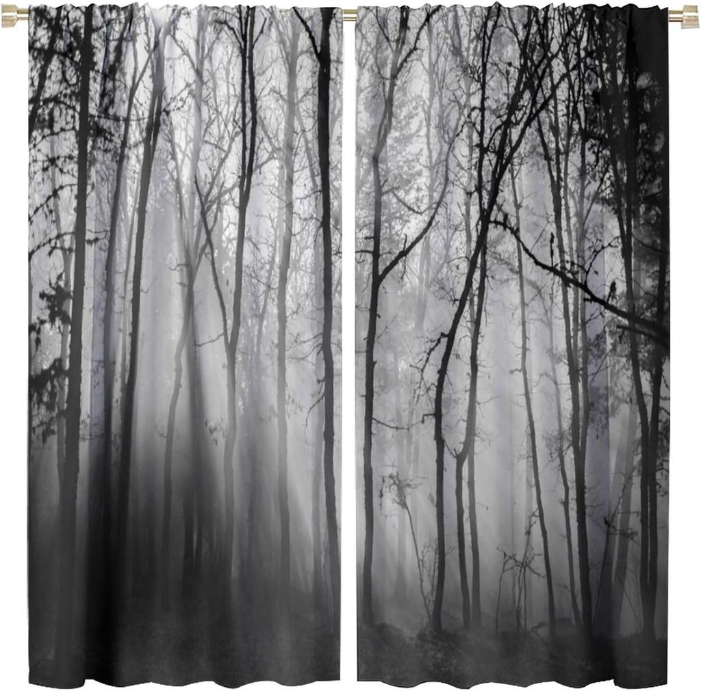 Gothic Dark Misty Forest Curtains Mysterious Horror Foggy Dim Dead Jungle Under Strange Bright Moon Thermal Insulation Blackout Made Of Polyester