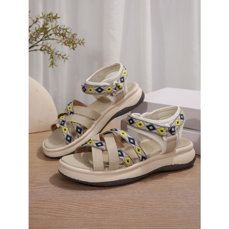Women's New Summer Color-block Fashion Ethnic Style Light Beach Shoes Cross with Peep-toe Soft Platform Sandals