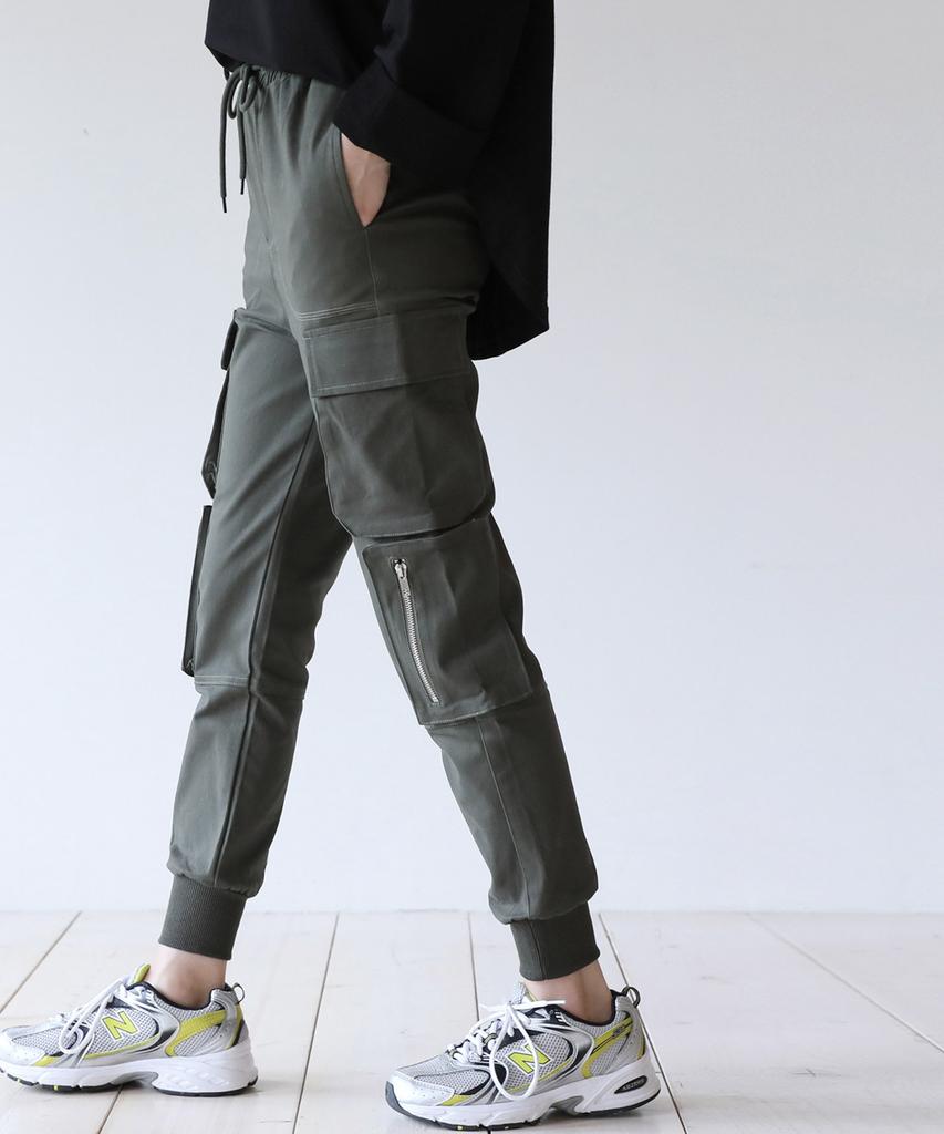 Ppaeppae Elastic Waist Two-Big Pocket Stretch Cargo Jogger Pants