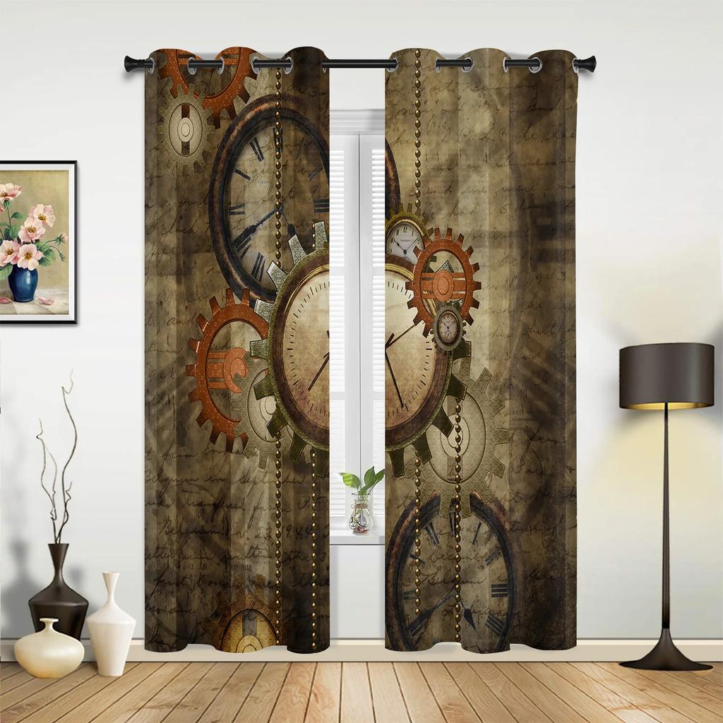 Retro Mechanical Gear Clock Blue Hall Curtains Living Room Kitchen Boy Girl Bedroom Long Window Curtain Cortinas Home Decor Polyester Ideal For