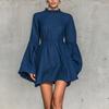 Women's Stylish Color Long Sleeve Neck Ruffle Dress with Elastic Waist