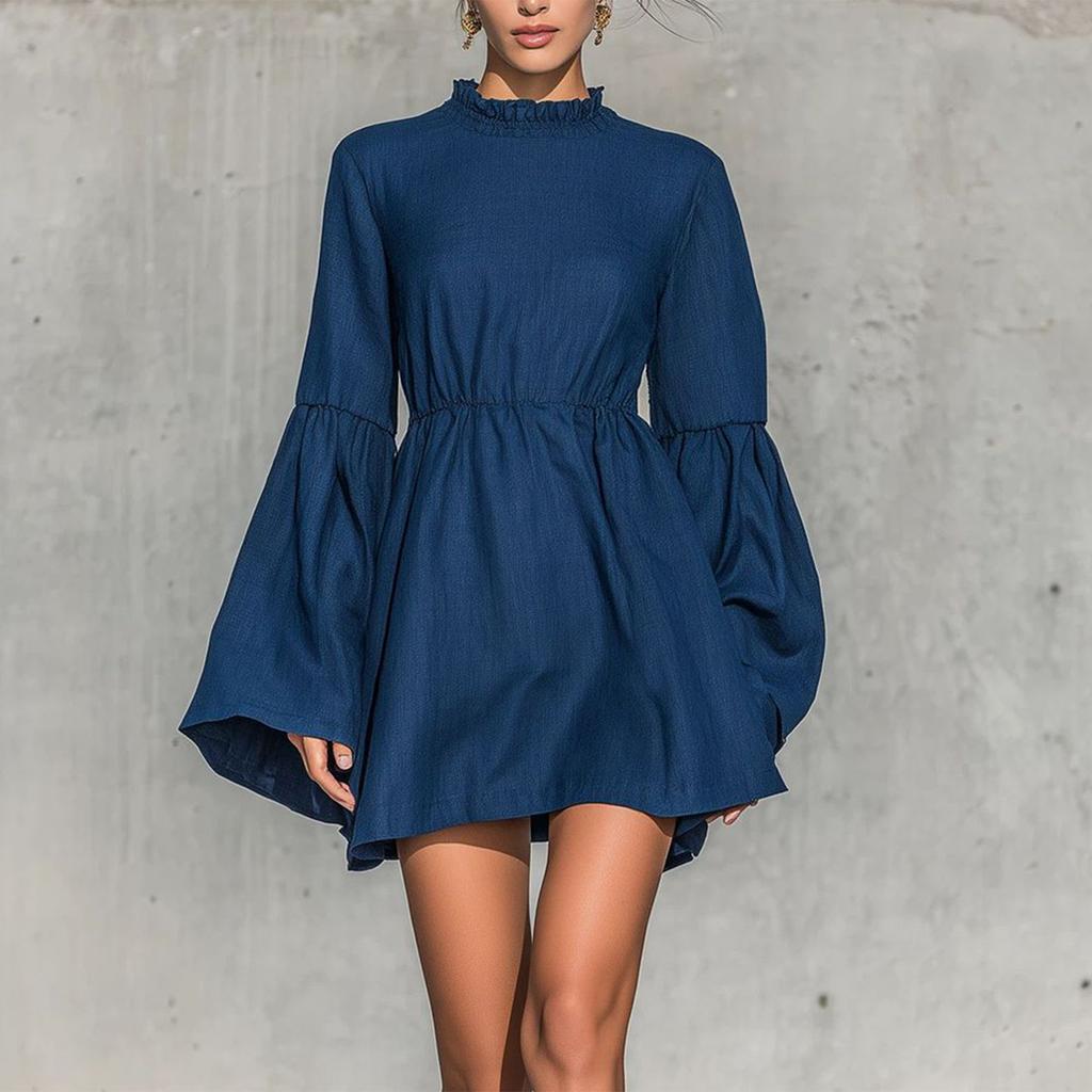 Women's Stylish Color Long Sleeve Neck Ruffle Dress with Elastic Waist