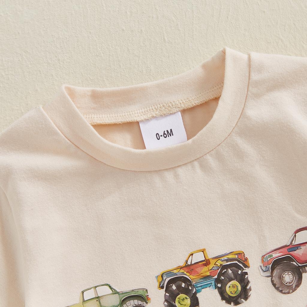 Toddler Boys Summer Outfits Retro Truck Print Round Neck Short Sleeve T-Shirts Elastic Waist Shorts 2Pcs Clothes Set