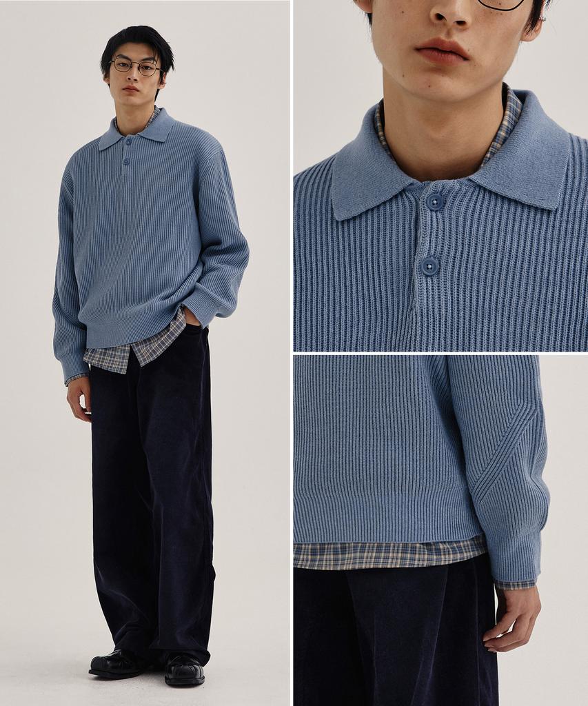KIIMUIR Soft Texture Button Collar Knit_Sky Blue