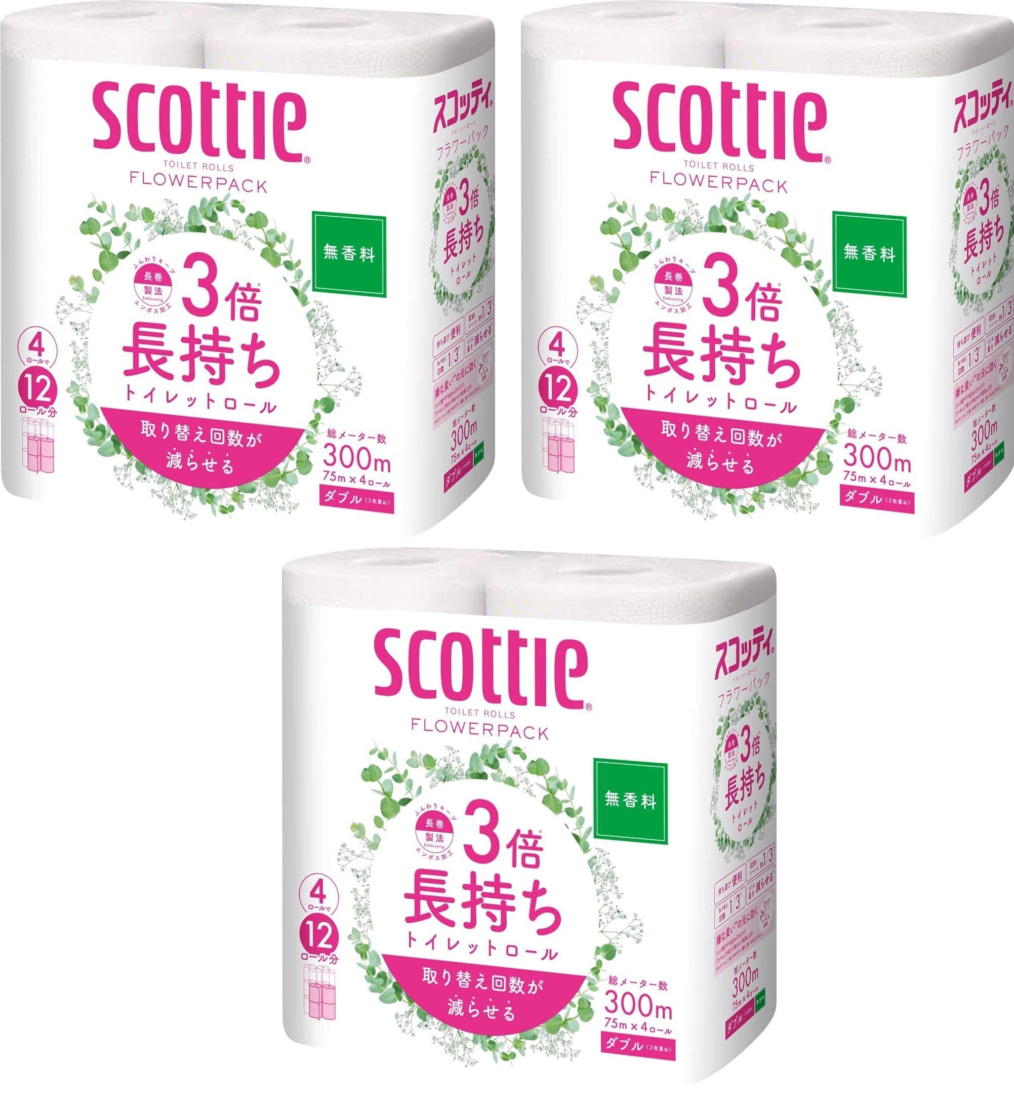 Nippon Paper Crecia Scotty Flower 3x Длиннее 4 рулона в упаковке, Долговечный, Без запаха, Двойной, 75м, (Пакет 3)