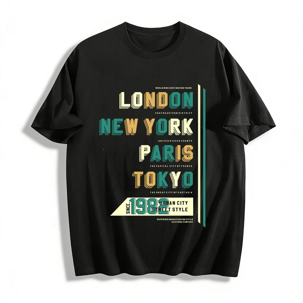 

Vintage City Print Casual Top Retro Street Style Loose Crewneck T-Shirt Pure cotton T-shirt XXS
