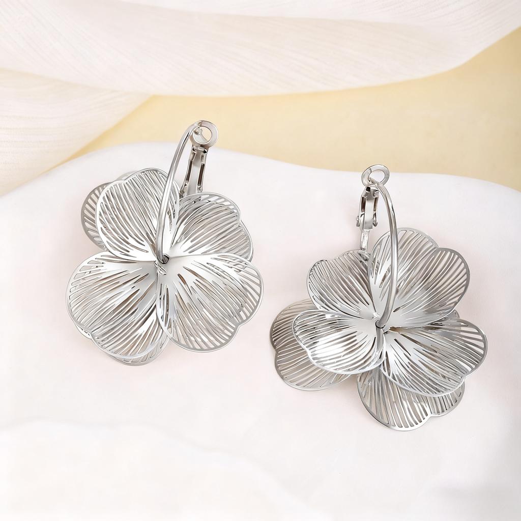 Stainless Steel Double Layer Flower Pendant Earrings For Women Vintage Geometric Irregular Drop Earring Personality Jewelry Gift