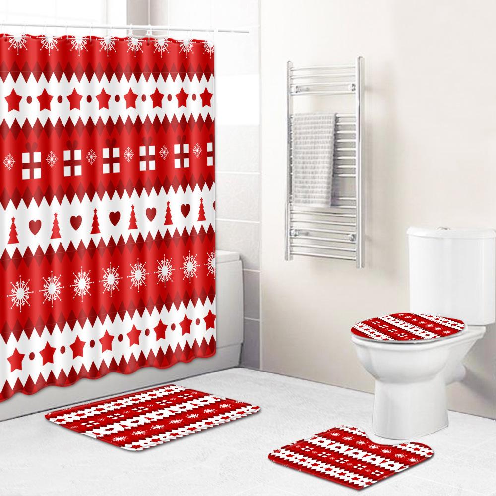 Christmas Shower Curtain Floor Mat Combination Four-Piece Set Bathroom Toilet Carpet Shower Room Mat Foot Mat