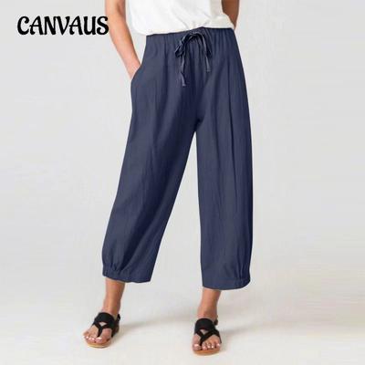 Zomer Damesbroek Katoen Linnen Trekkoord Negenpuntsbroek Zak Casual broek Dames losse broek met wijde pijpen