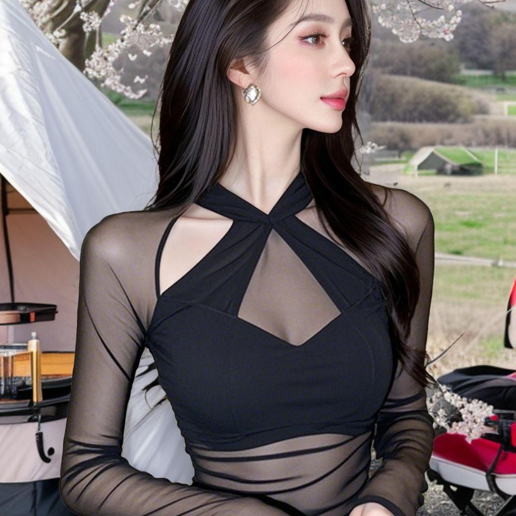 Damen Pure Desire Langarm Durchbrochenes Netzoberteil, High-End-Stil für südostasiatische, europäische und amerikanische Mode.