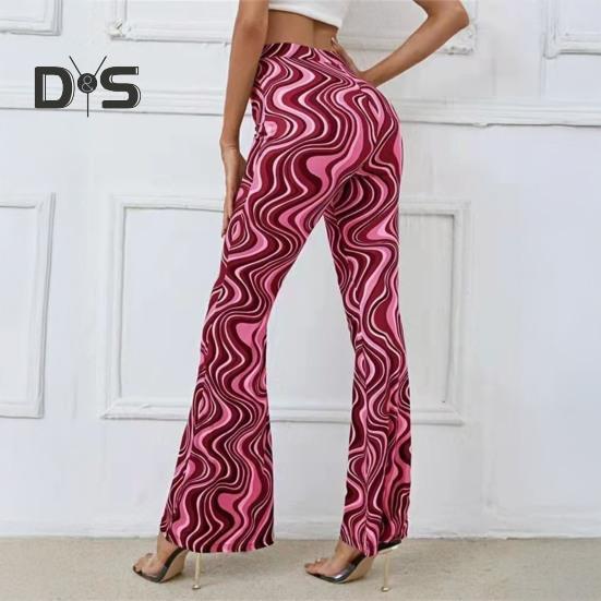 Women Yoga Pants High Waist Water Wave Striped Print Casual Trousers Running Cycling Flared Leggings Loungewear