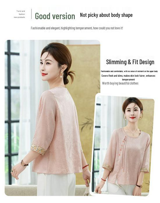 Stylish Loose Plus Size Chinese-Style Mid-Sleeve Summer Top for Women