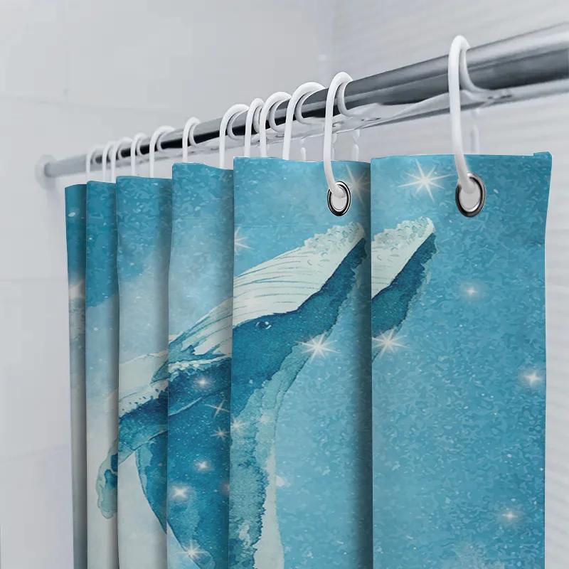 Blue Ocean Whales Shower Curtain Fabric Waterproof Decor Bathroom Liner For Home Bath Decoration Blue/White
