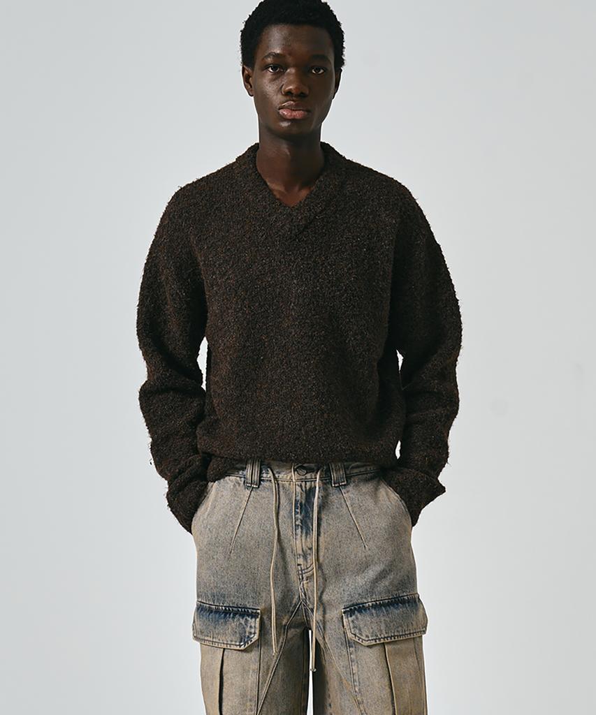 NOIRER Boucle V-Neck Oversized Sweater (Multi Brown)