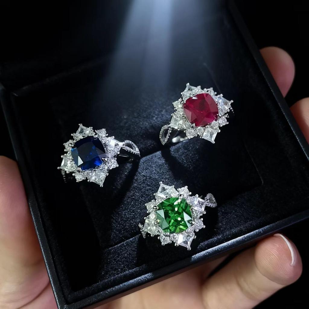 High-End Luxury Jewelry Simulation Emerald Full Diamond Ring Female, Full Diamond 8X8 Square Cultivation Treasure Ring