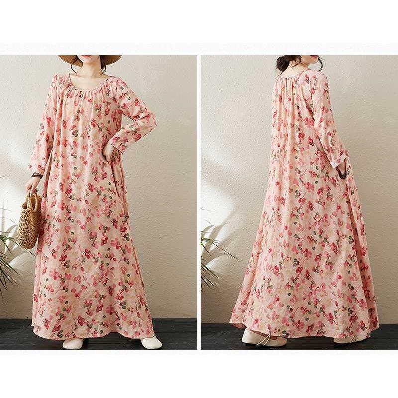 Round Neck Drawstring Loose Minimalist Long Sleeve Extra Long Dress Resort Style