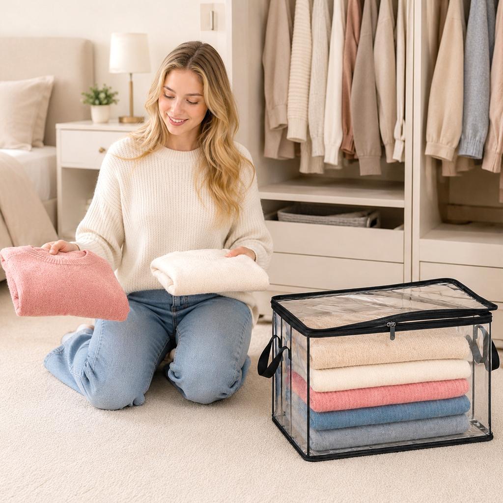 Large Thickened Transparent Plastic Storage Bag with Zipper Handles for Clothes Moving Box Cover Organizer for Home Dormitory Closet Storage Box