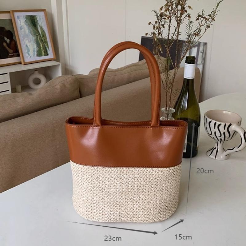 Women's Handbags Fashion Straw Patchwork Leather Top Handle Bags Summer Large Capacity Tote Bags Casual Beach Crossbody Bags