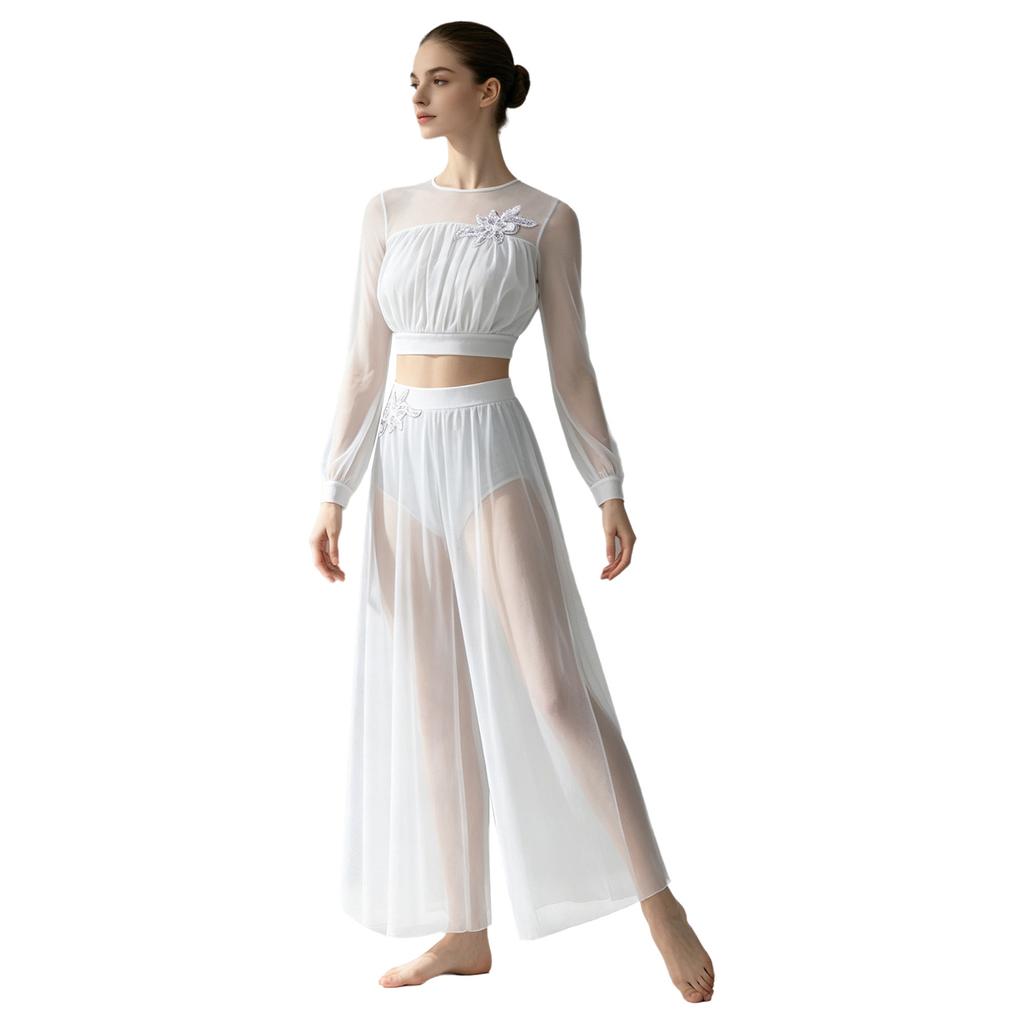 Damen Lyrical Dance Outfits Laternenärmel Rückenfreies Crop Top Eingearbeiteter Slip Netzhose Fließende Tanzbekleidung