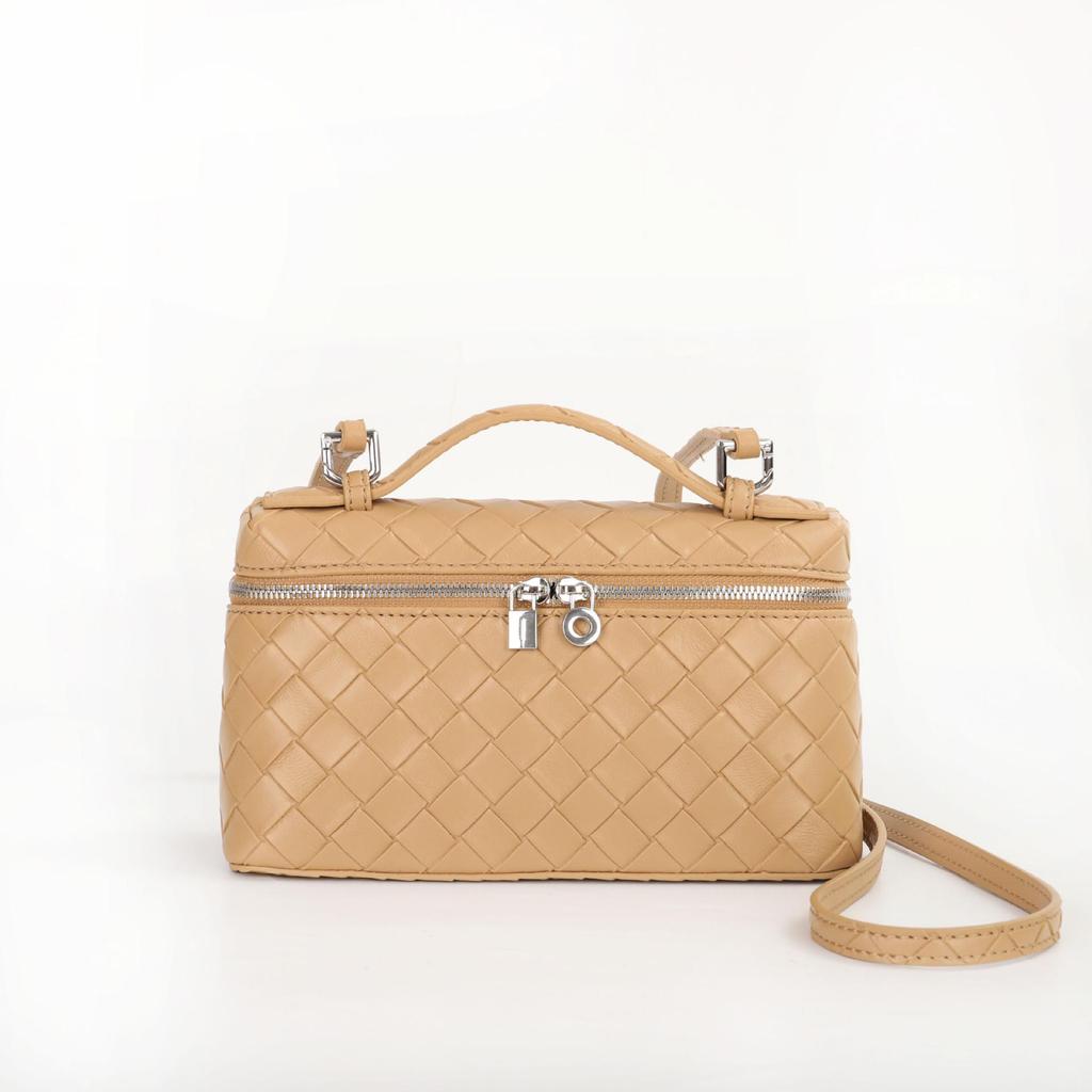 Cowhide Diamond Weave Lunch Box: Stylish Genuine Leather Women's Cross-body Bag