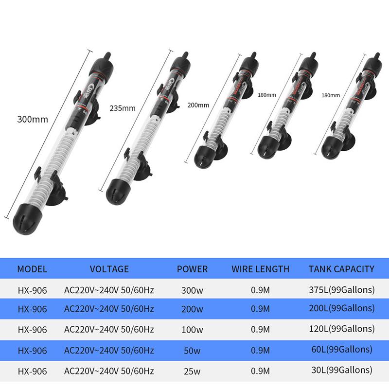 Eu Plug Adjustable Temperature Thermostat Heater Rod Glass Aquarium Heater 25-300W Submersible Fish Tank Water Heating Rod