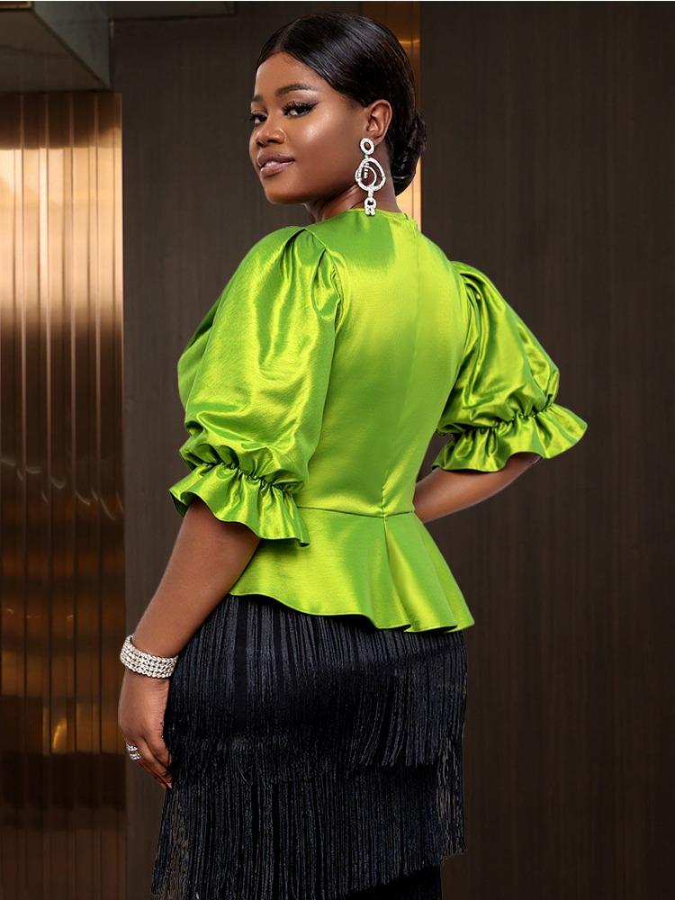 Elegant Women Party Blouse Shirt O Neck Short Puff Sleeve Irregular Peplum Belly Cover Bodycon Fashion Tops Female Birthday New