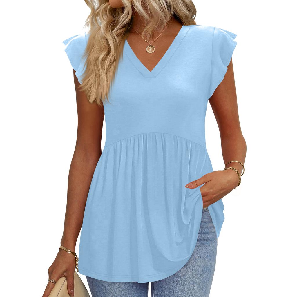 Womens Tops Fashionable V-neck Ruffled Sleeve Short-sleeved T-shirt Business Blouses