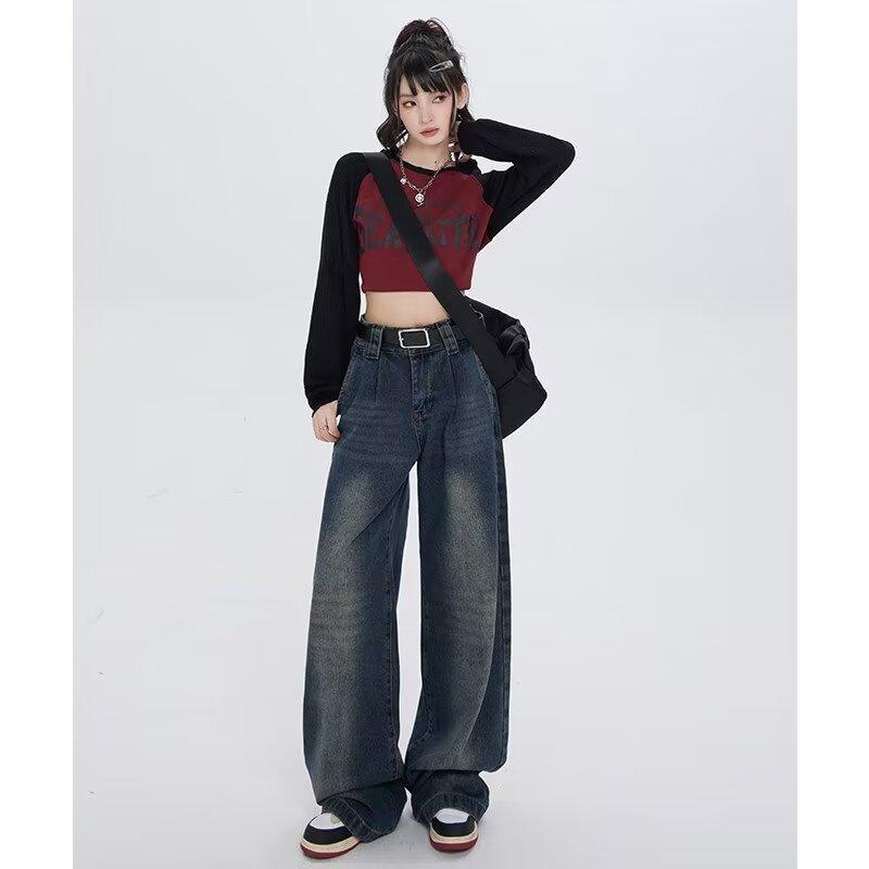 Classic America Hip Hop Rap Jeans Wide Leg Youth Popular Jeans Women Straight Leg Retro Loose Trousers Oversized Denim Pants